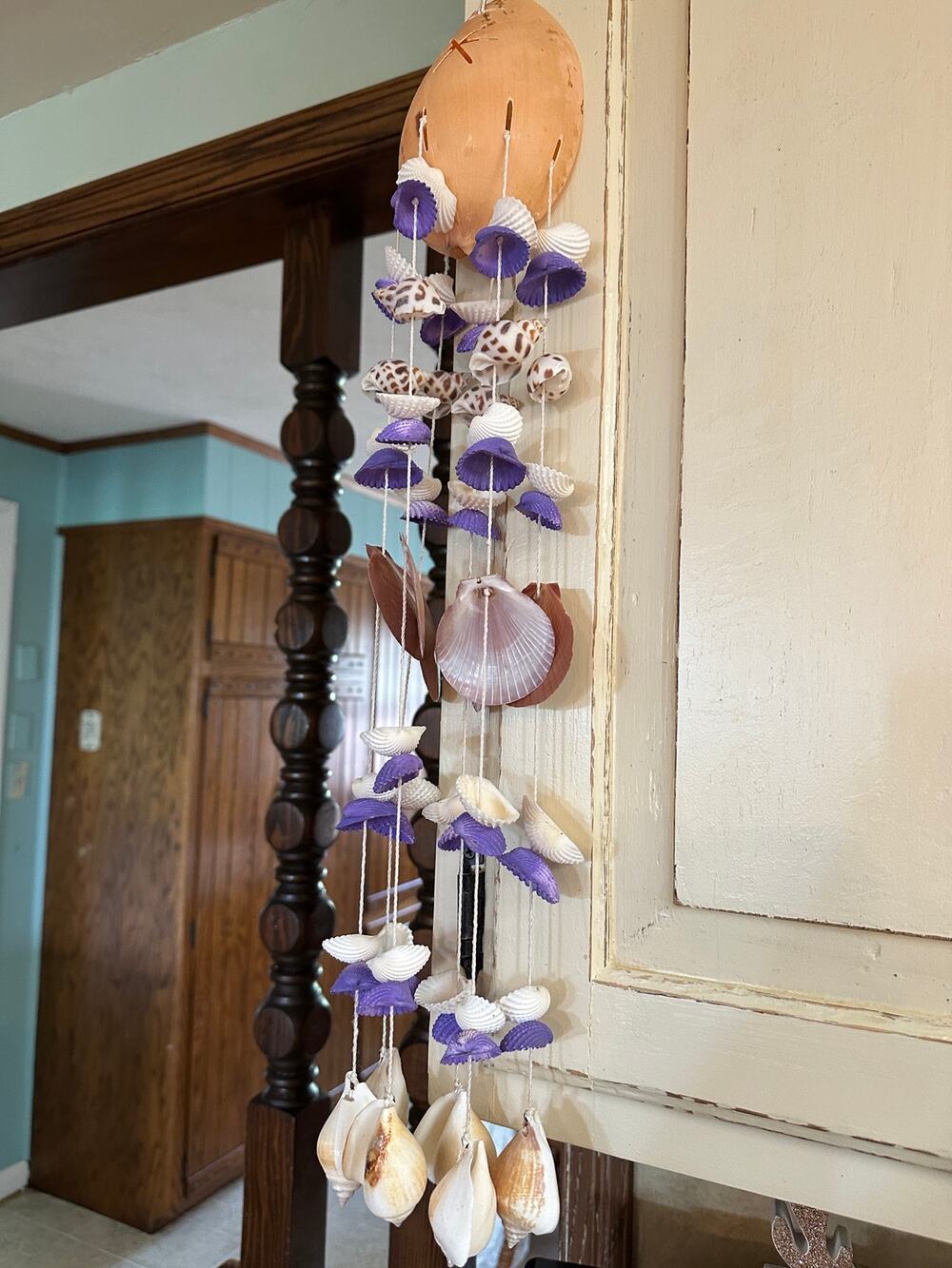 Handmade Natural Sea Shell Wind Chime Purple Accent Coconut Top Hanging
